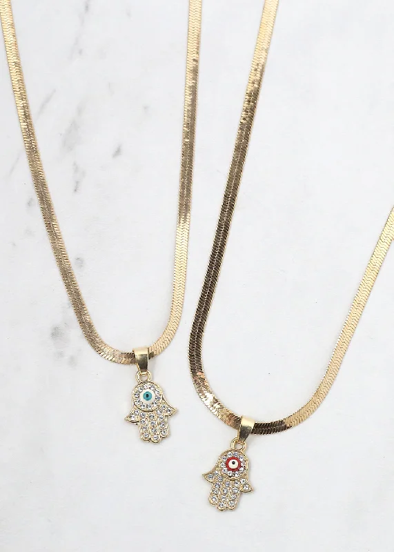 Matching pendant necklaces for women-Hamsa Hand Flat Necklace