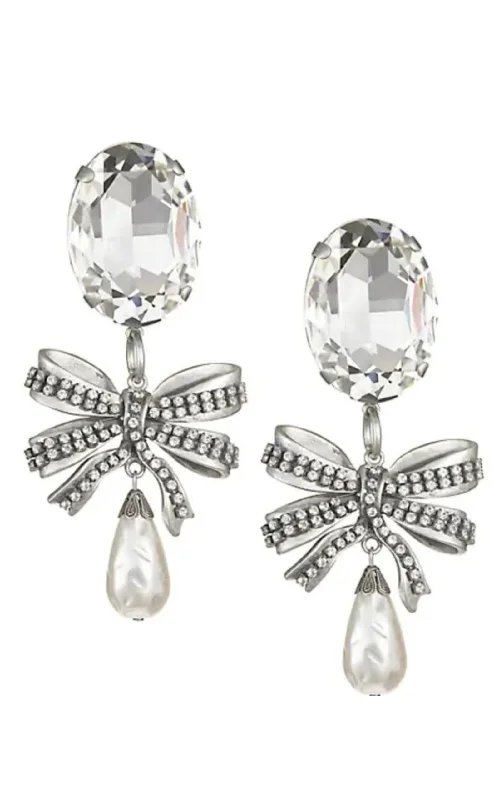 Ladies Earrings Upper Ear -Crystal Bow Pearl Drop Earring