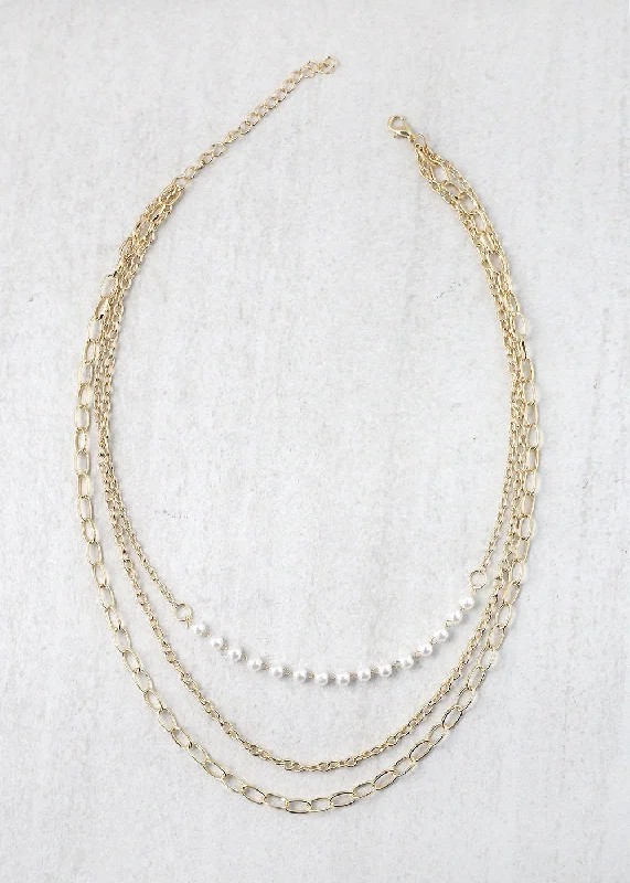 Long statement necklaces for women-3-Layered Pearl and Chain Necklaces