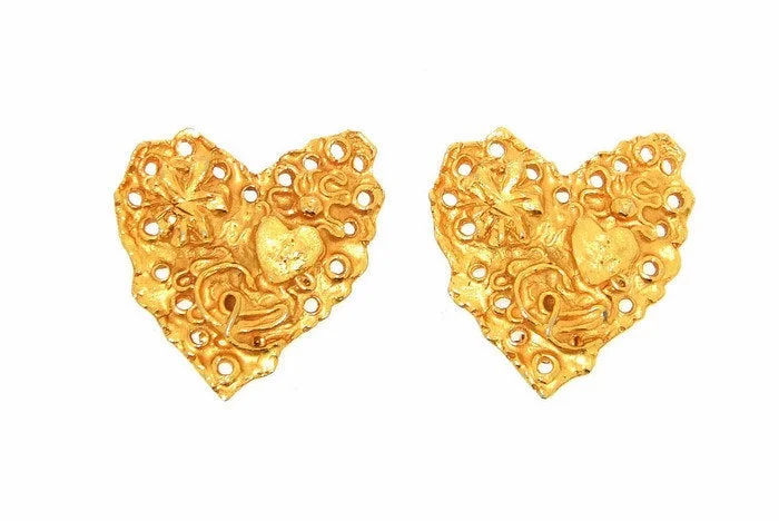 Ladies Earrings Metallic -Vintage Christian Lacroix Heart Earrings Gold