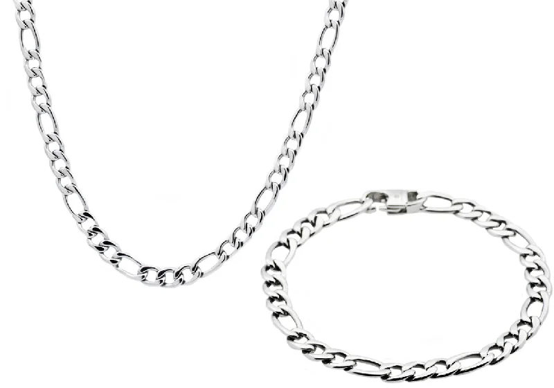 Personalized gemstone necklaces for women-Mens Stainless Steel Figaro Link Chain Set