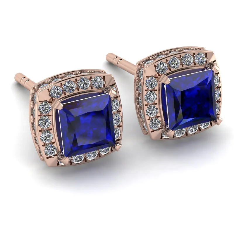 Ladies Earrings Detailed -Hidden Halo Princess Sapphire Earrings - Georgia No. 14