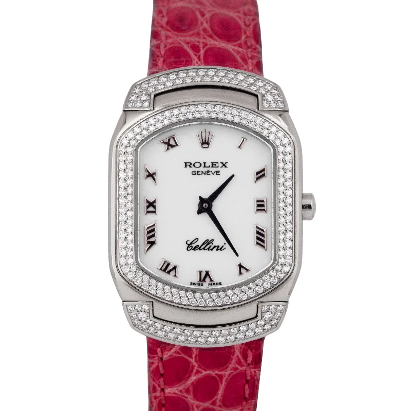 Unisex watch top brands -MINT Rolex Cellini DIAMOND 18K White Gold Roman 24mm Pink Quartz 6693 Watch BOX