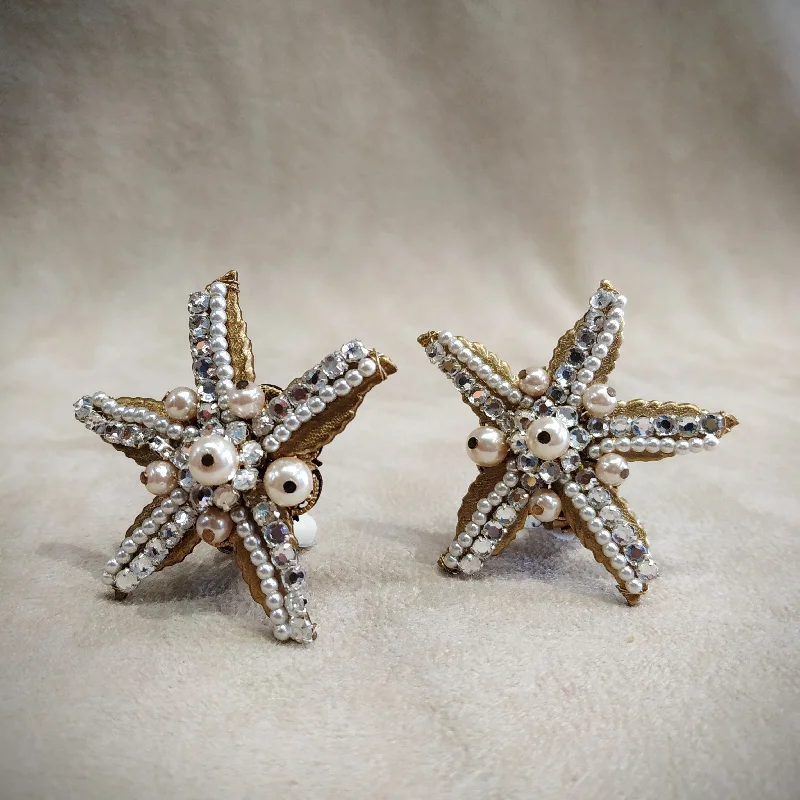 Ladies Earrings Fabric -Stanley Hagler Starfish Earrings pearl Clip On