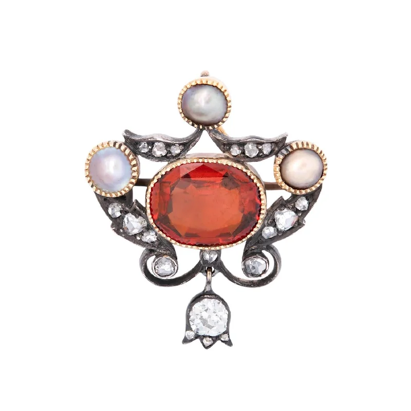 Pearl chain necklaces for women-Victorian 18k/Sterling Silver Hessonite Garnet, Diamond, and Pearl Pin/Pendant