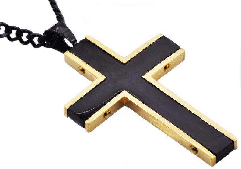 Layered gemstone necklaces for women-Mens Black And Gold Stainless Steel Cross Pendant Necklace