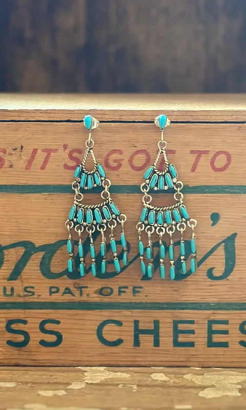 Ladies Earrings Pointed -NEEDLEPOINT Zuni Chandelier Silver and Turquoise Dangle Earrings