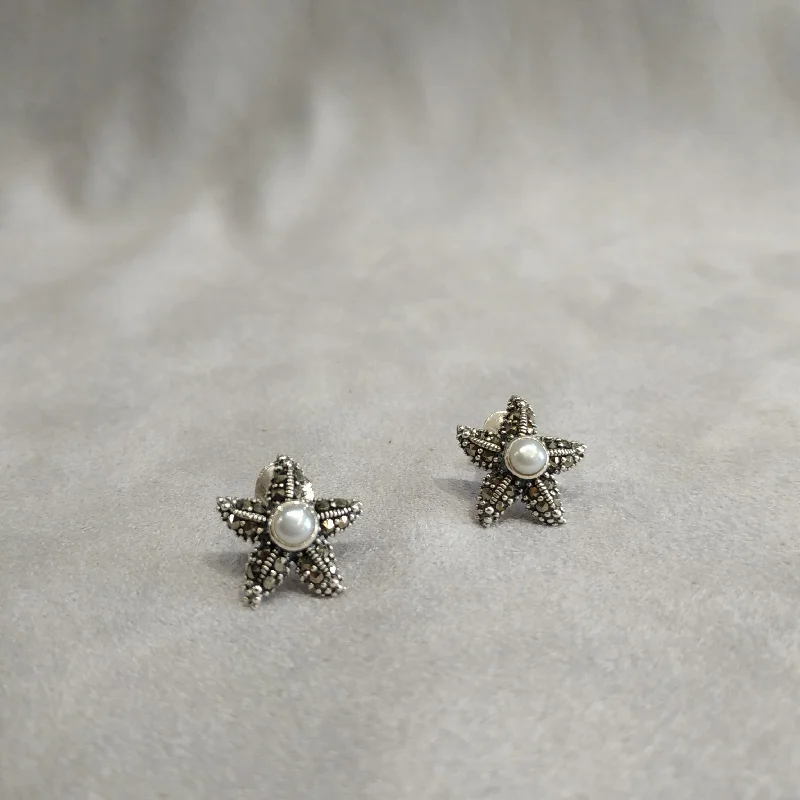 Ladies Earrings Two Tone -Silver Pearl Starfish Earrings