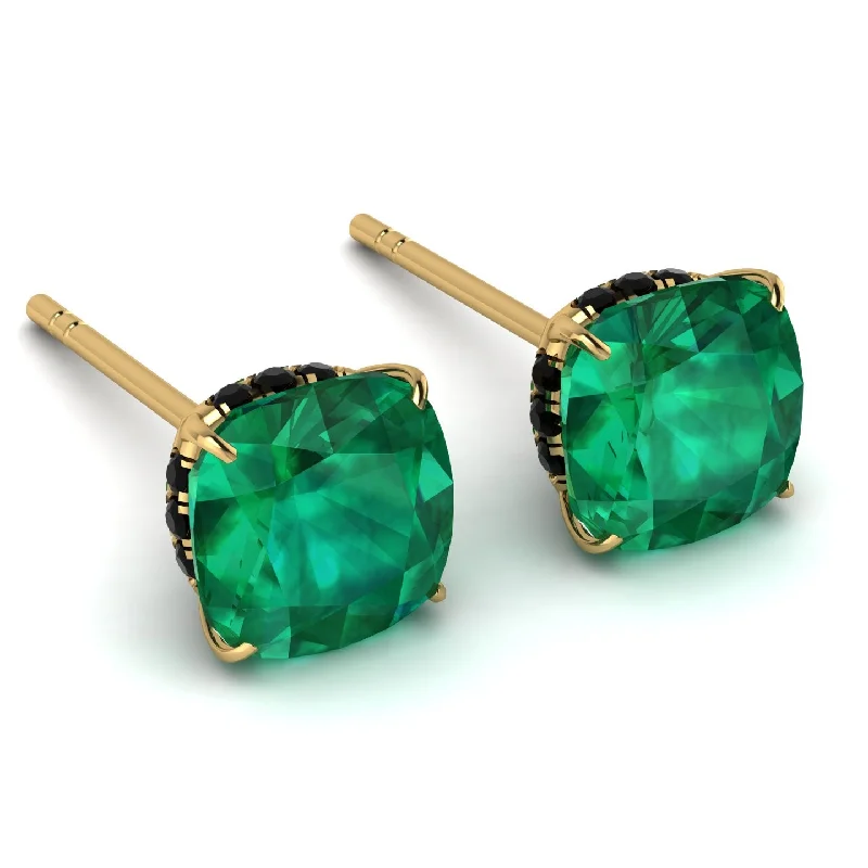 Ladies Earrings Black -Hidden Halo Cushion Emerald Earrings - Alivia No. 34