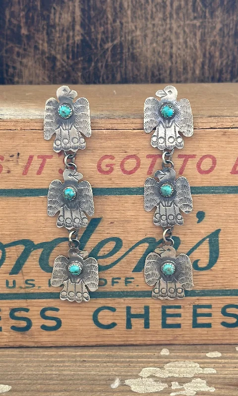 Ladies Earrings 3D -TRIPLE THUNDERBIRD Yazzie Sterling Silver and Turquoise Statement Earrings