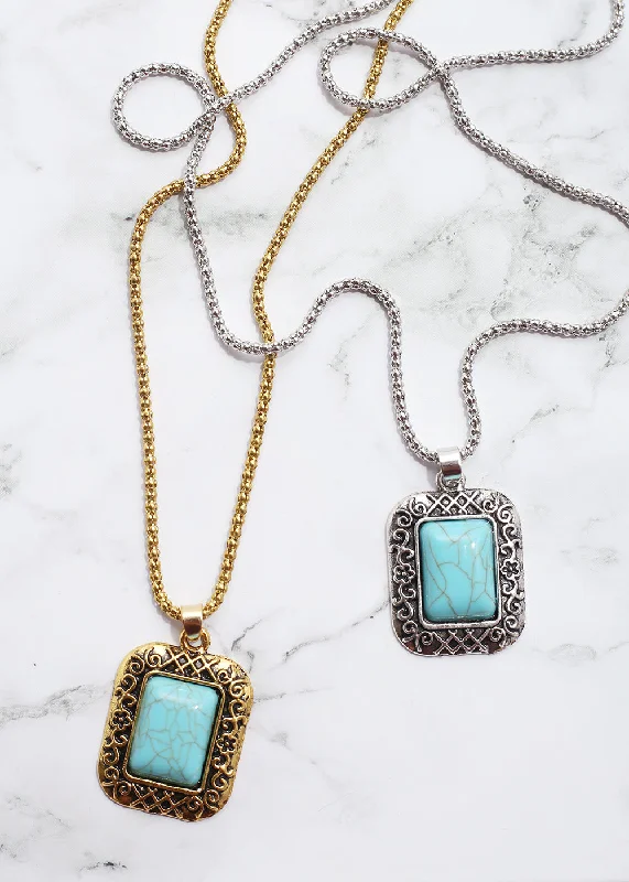 Gold necklaces for women-Turquoise Square Stone Necklace