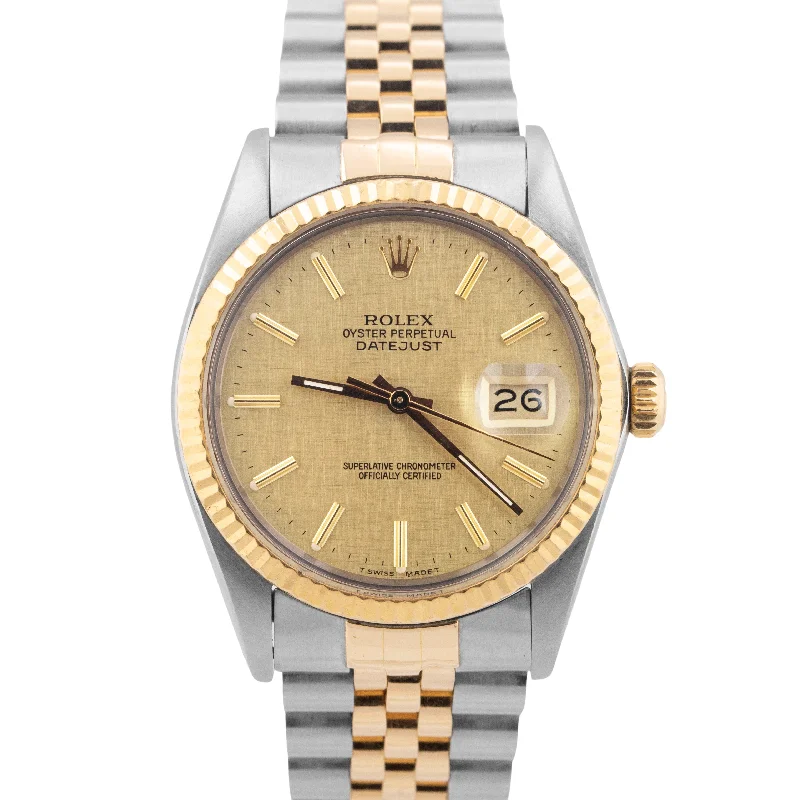 Unisex watch anniversary edition -PAPERS Rolex DateJust 36mm CHAMPAGNE LINEN Two-Tone 18K Gold Jubilee 16013 BOX