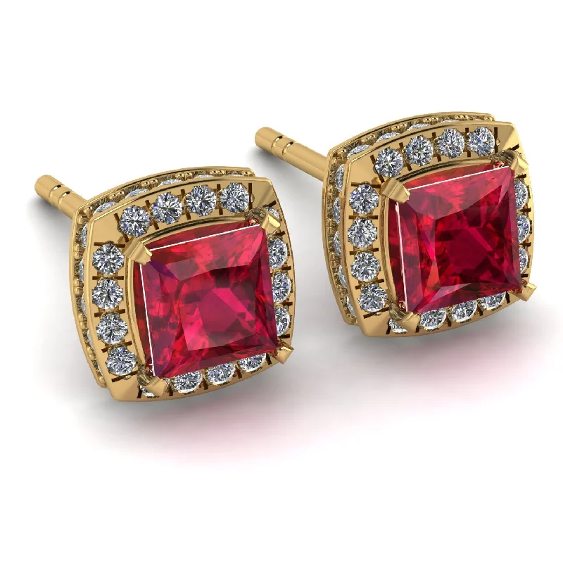 Ladies Earrings Dimensional -Hidden Halo Princess Ruby Earrings - Georgia No. 10