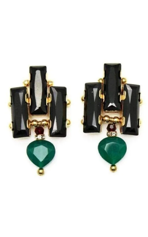 Ladies Earrings Name -Deco 24K Gold Plated Green Onyx Drop Earrings