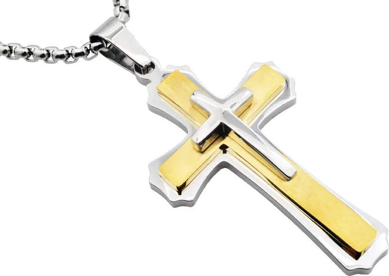 Layered necklaces for women-Mens Gold Plated Stainless Steel Cross Pendant Necklace