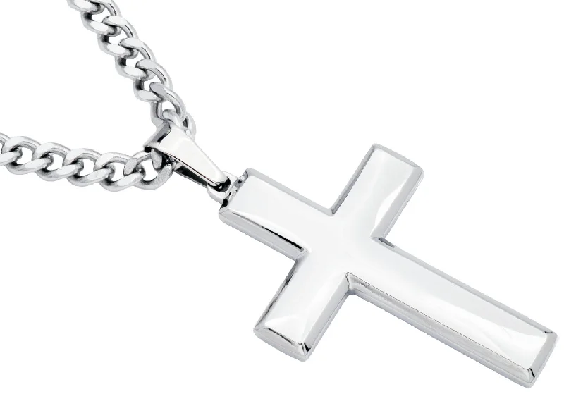 Silver statement necklaces for women-Mens Polished Stainless Steel Cross Pendant Necklace