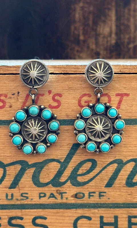 Ladies Earrings Rounded -RUNNING BEAR Navajo Silver and Turquoise Flower Earrings