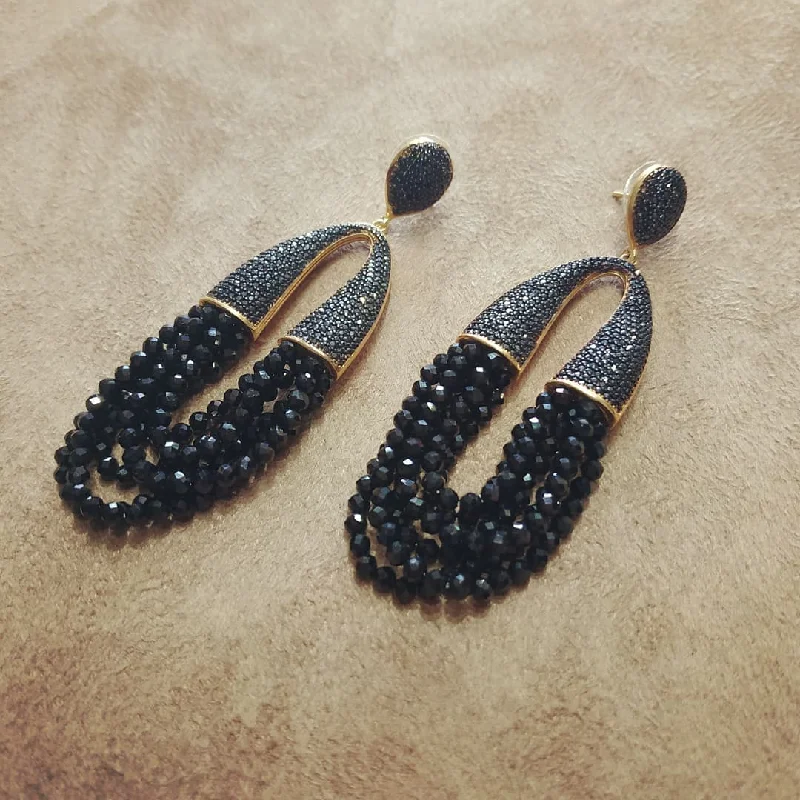 Ladies Earrings Cultural -Waterfall Chandelier Black beads Black onyx pave earrings