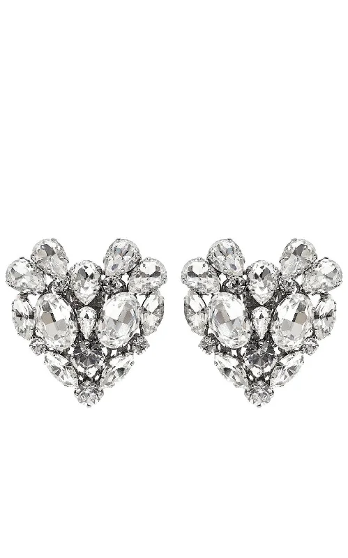 Ladies Earrings Sensitive Ears -Silvertone Crystal Heart Stud Clip-On Earrings