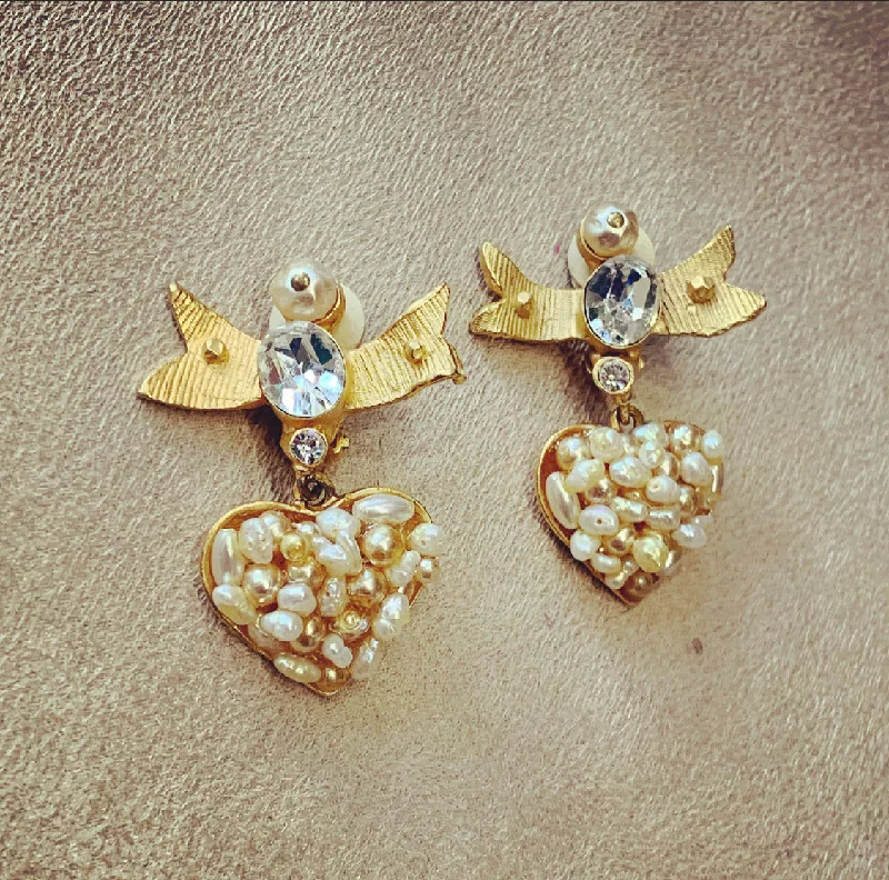 Ladies Earrings Dainty -Lacroix Pearl Heart Bow Earrings