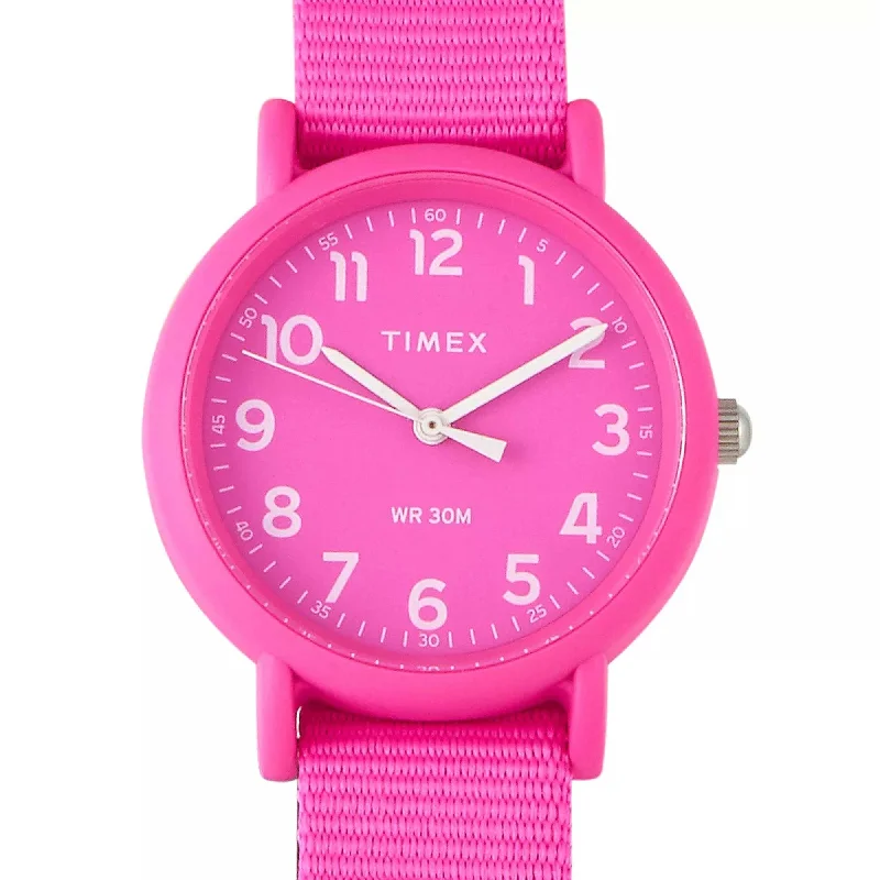 Unisex watch sale offers -Timex Women's Watch - Weekender Quartz Resin Case Pink Dial Nylon Strap | TWG018100