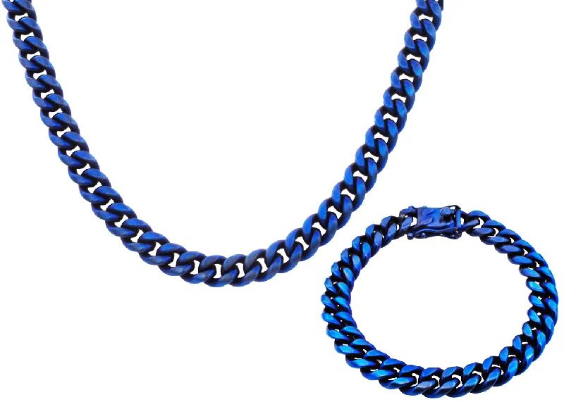 Antique necklaces for women-Mens 10mm Matte Blue Stainless Steel Cuban Link Chain With Box Clasp Set