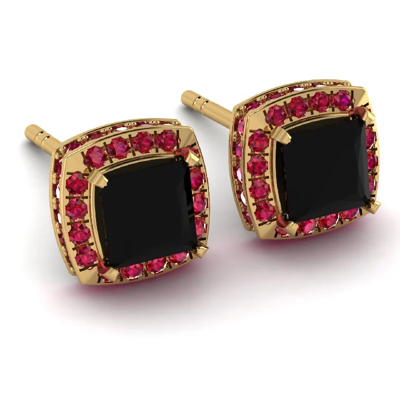 Ladies Earrings Ring Set -Hidden Halo Princess Black Diamond Earrings - Georgia No. 52