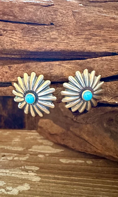 Ladies Earrings Pentagon -SNOWFLAKE STUDS Sterling Silver and Turquoise Earrings