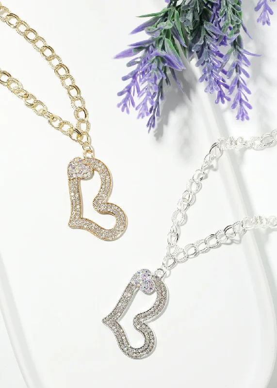 Chain necklaces for women-Rhinestone Heart Charm Necklace