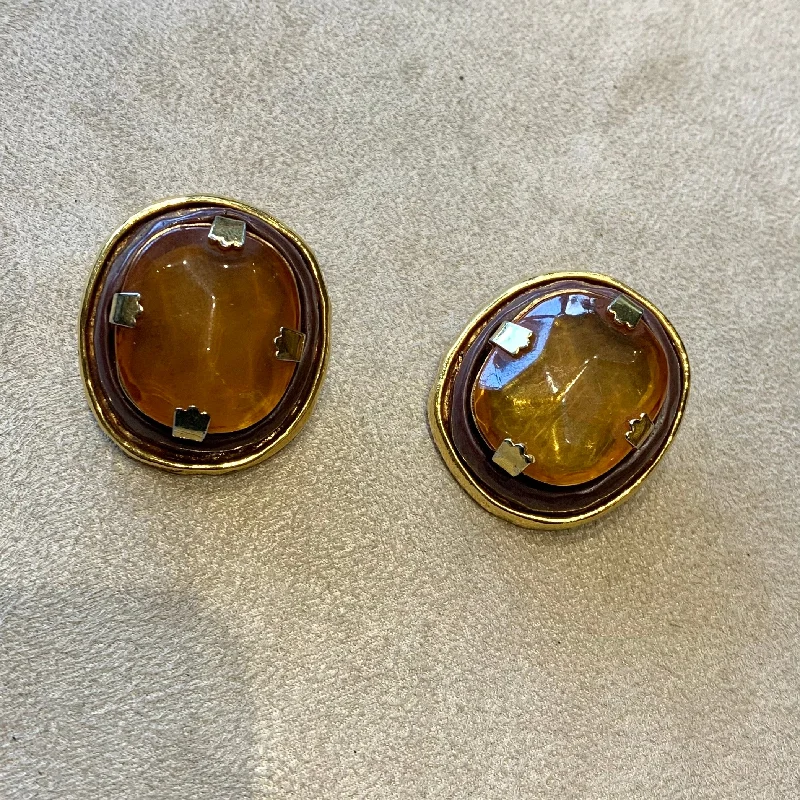 Ladies Earrings Sculpted -Amber vintage big stone earrings by Kalinger Paris