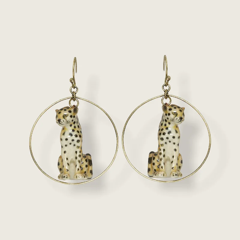 Ladies Earrings Link -Sitting Cheetah porcelaine gold hoop earrings by And Mary