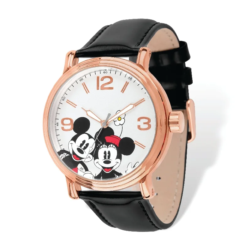 Unisex watch handmade quality -Disney Adult Size Rose-Tone Black Leather Mickey Mouse Watch