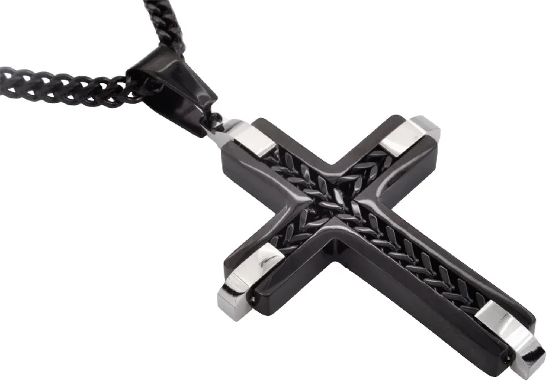 Personalized necklaces for women-Mens Black Stainless Steel Cross Pendant Necklace With Franco Link Chain Inlay