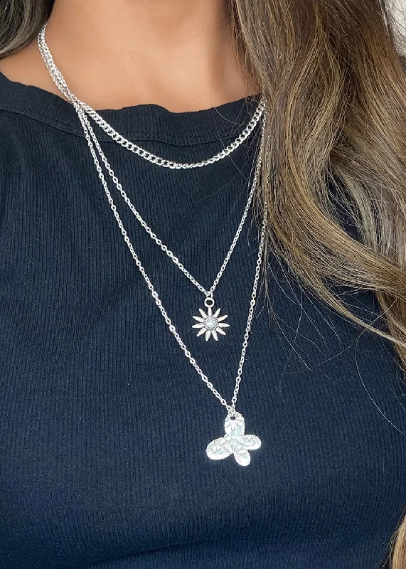 Elegant chain necklaces for women-Flower & Butterfly Silver Necklace