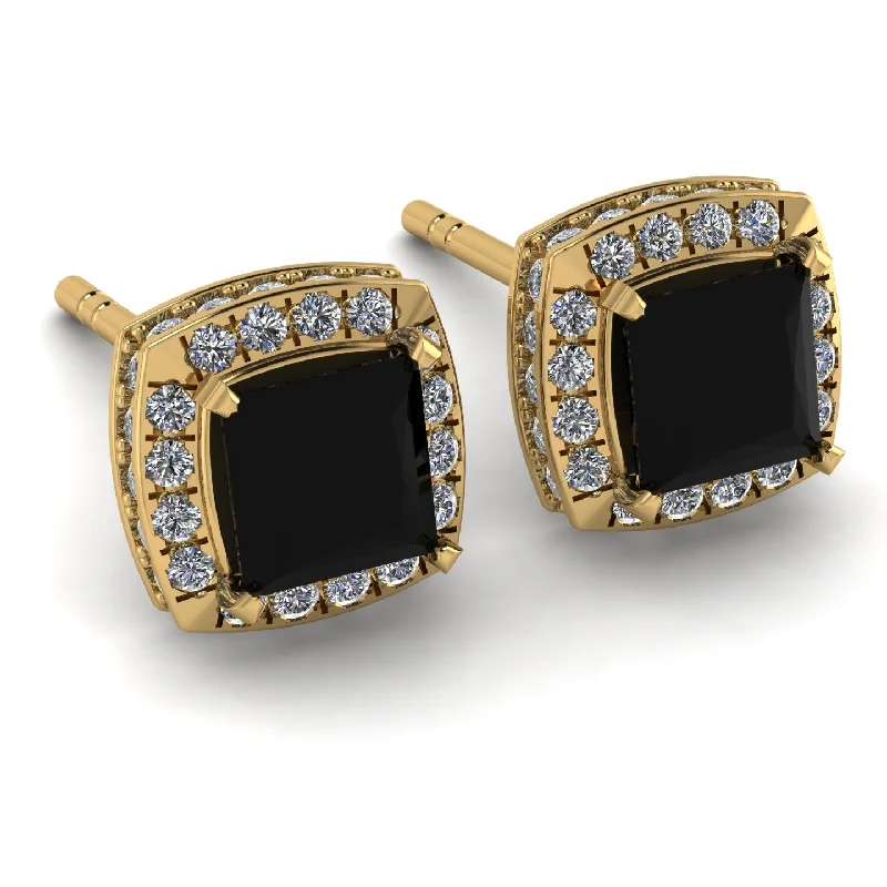 Ladies Earrings Flat -Hidden Halo Princess Black Diamond Earrings - Georgia No. 7