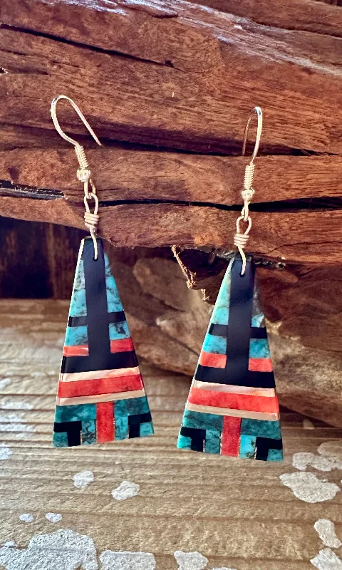 Ladies Earrings Natural Finish -TRIANGLE TURQUOISE Spiney Oyster and Jet Inlay Earrings • 14g