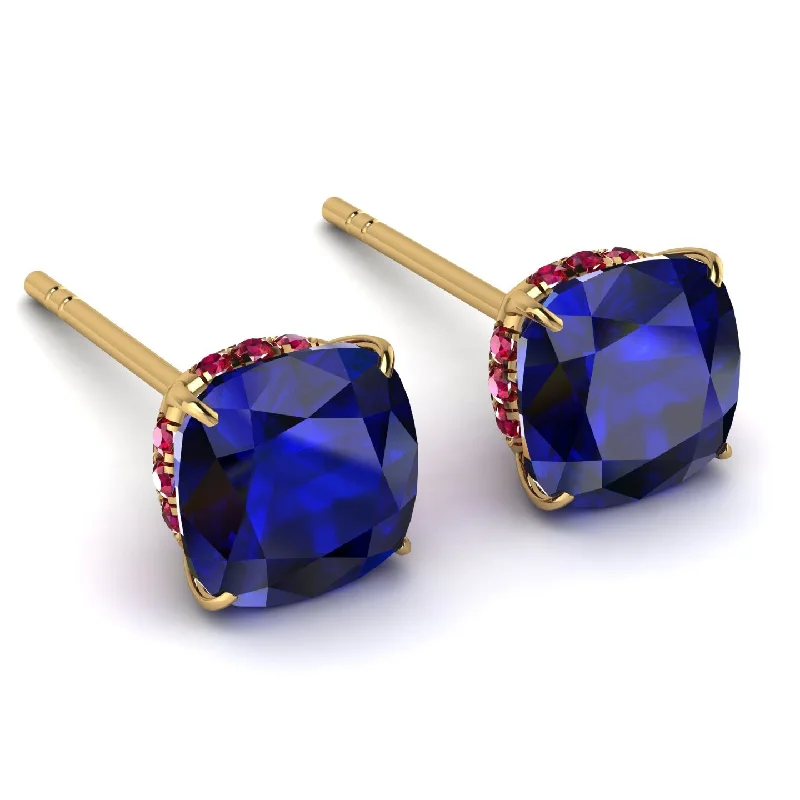 Ladies Earrings New Arrival -Hidden Halo Cushion Sapphire Earrings - Alivia No. 58