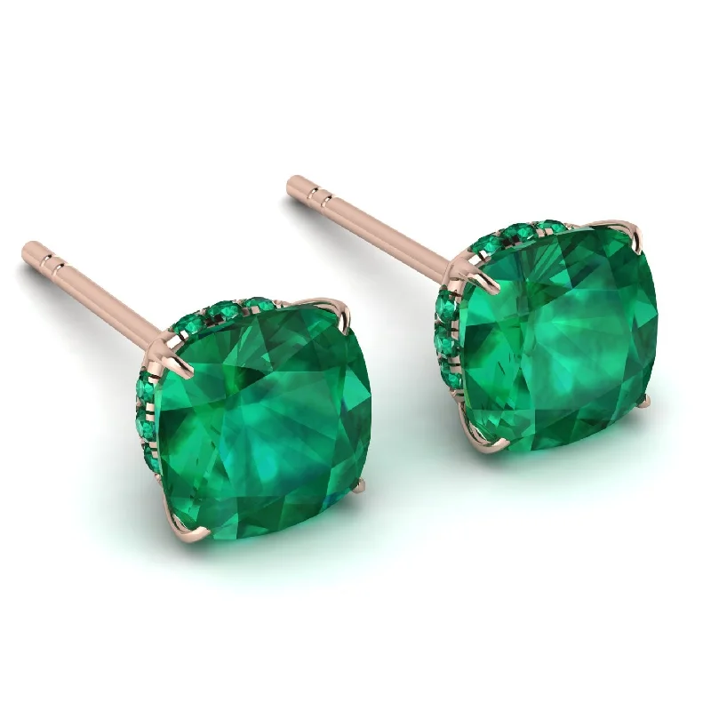 Ladies Earrings Short -Hidden Halo Cushion Emerald Earrings - Alivia No. 20