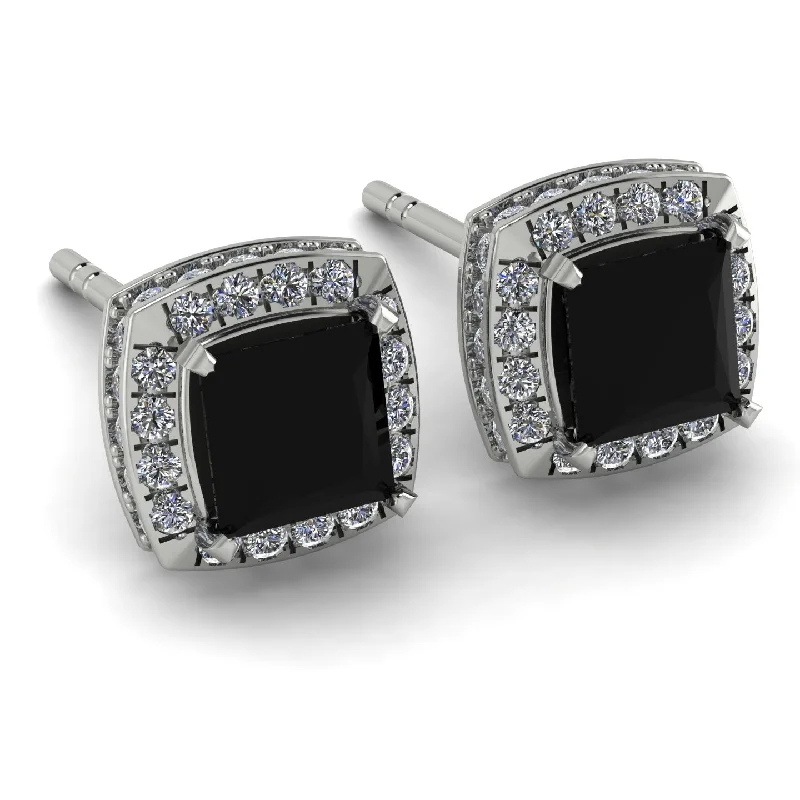 Ladies Earrings 3D -Hidden Halo Princess Black Diamond Earrings - Georgia No. 9