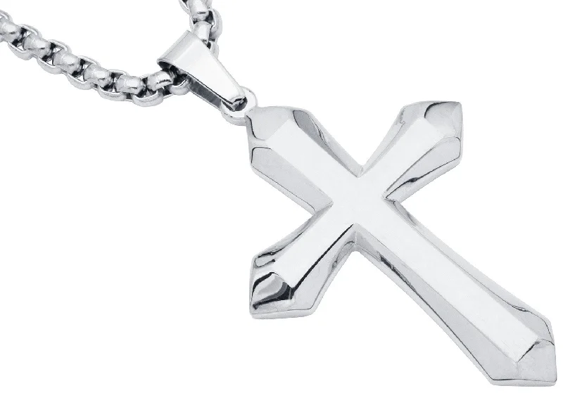 Minimalist necklaces for women-Mens Stainless Steel Cross Pendant Necklace with 24" Round Box Chain