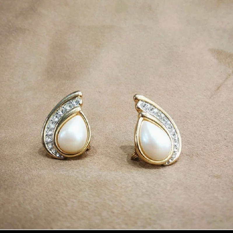 Ladies Earrings Organic Shape -Yves Saint Laurent Pearl Crystal vintage clip on earrings