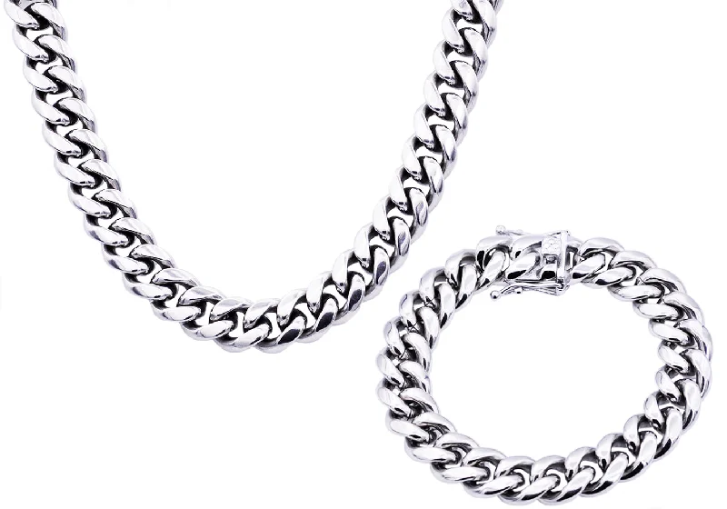 Long statement necklaces for women-Mens 14mm Miami Cuban Stainless Steel Link Chain With Box Clasp Set