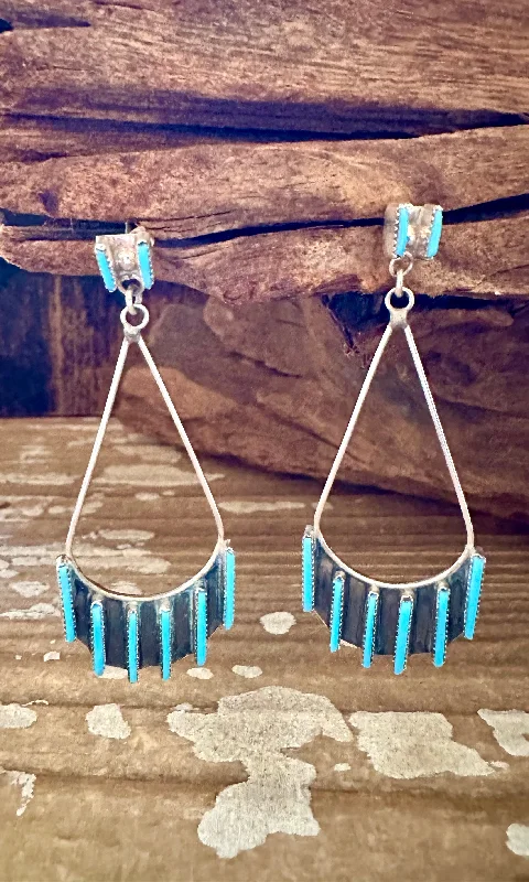 Ladies Earrings Rectangle -TURQUOISE TEARDROP DANGLE Sterling Silver & Turquoise Earrings