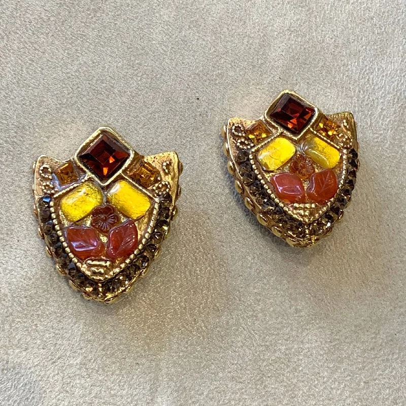 Ladies Earrings Cast -Kalinger Paris Amber Yellow Shield clip on earrings