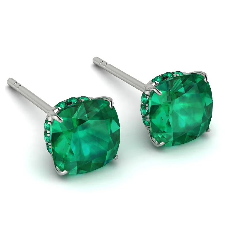 Ladies Earrings Geometric -Hidden Halo Cushion Emerald Earrings - Alivia No. 21