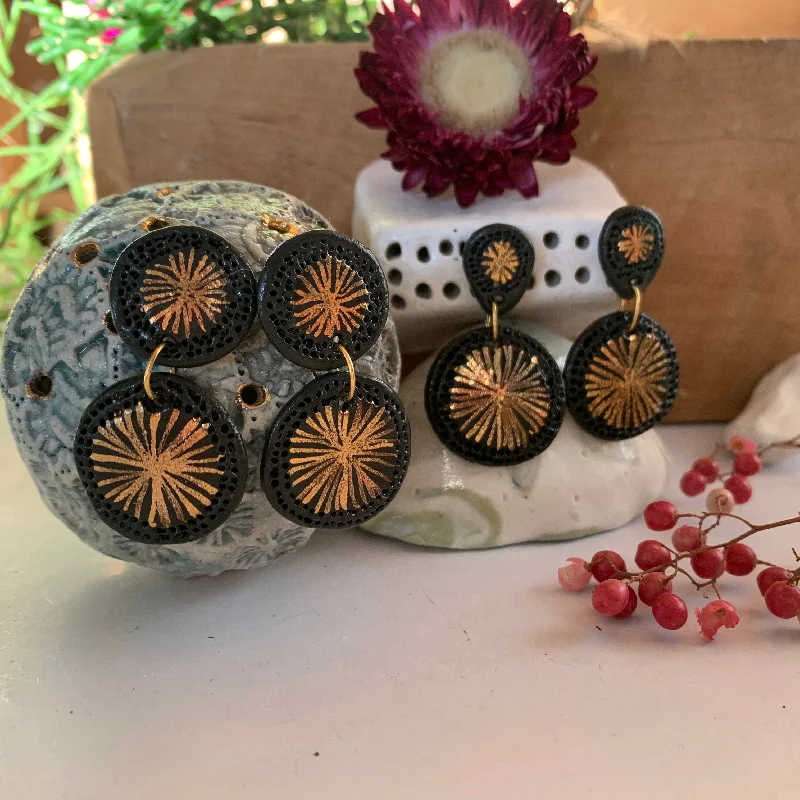 Ladies Earrings Organic -‘Double star’ black and gold lustre Porcelain Earrings