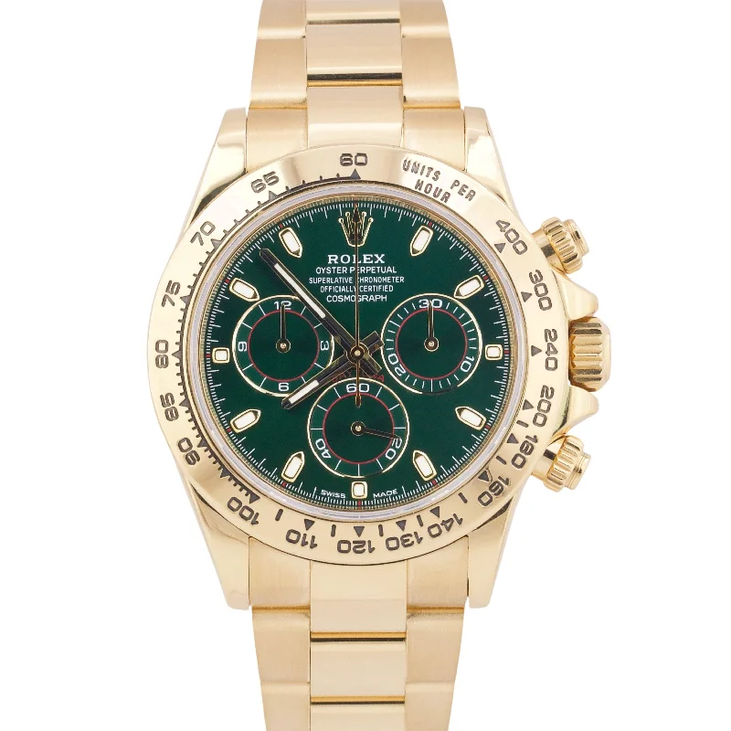 Unisex watch waterproof feature -MINT PAPERS Rolex Daytona Cosmograph GREEN 40mm 18K Yellow Gold Watch 116508 BOX