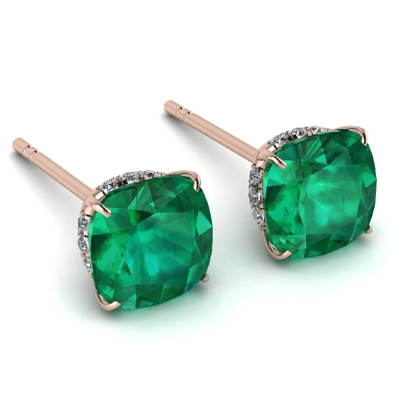 Ladies Earrings Perfect Fit -Hidden Halo Cushion Emerald Earrings - Alivia No. 5