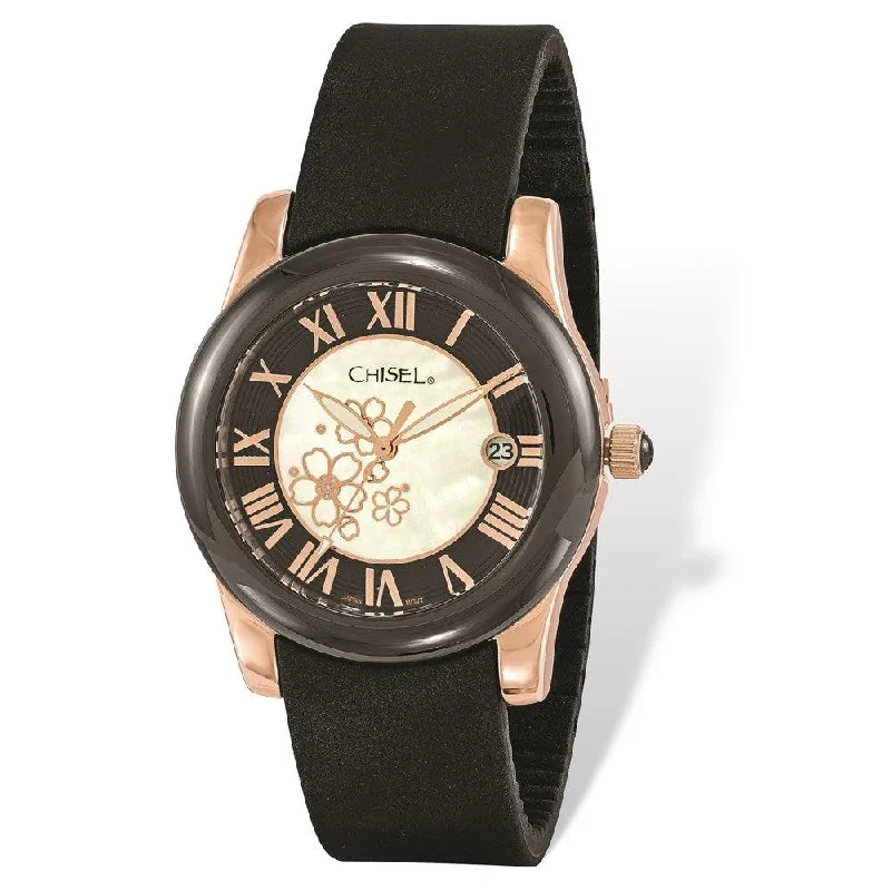 Unisex watch buying advice -Ladies Chisel Rose IP-plated Floral Dial Black Strap Watch