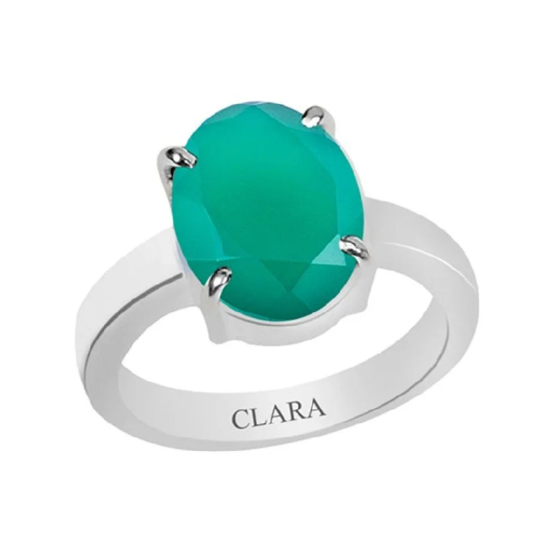 Birthstone rings for women-Certified Green Onyx Haqiq Prongs Silver Ring 7.5cts or 8.25ratti